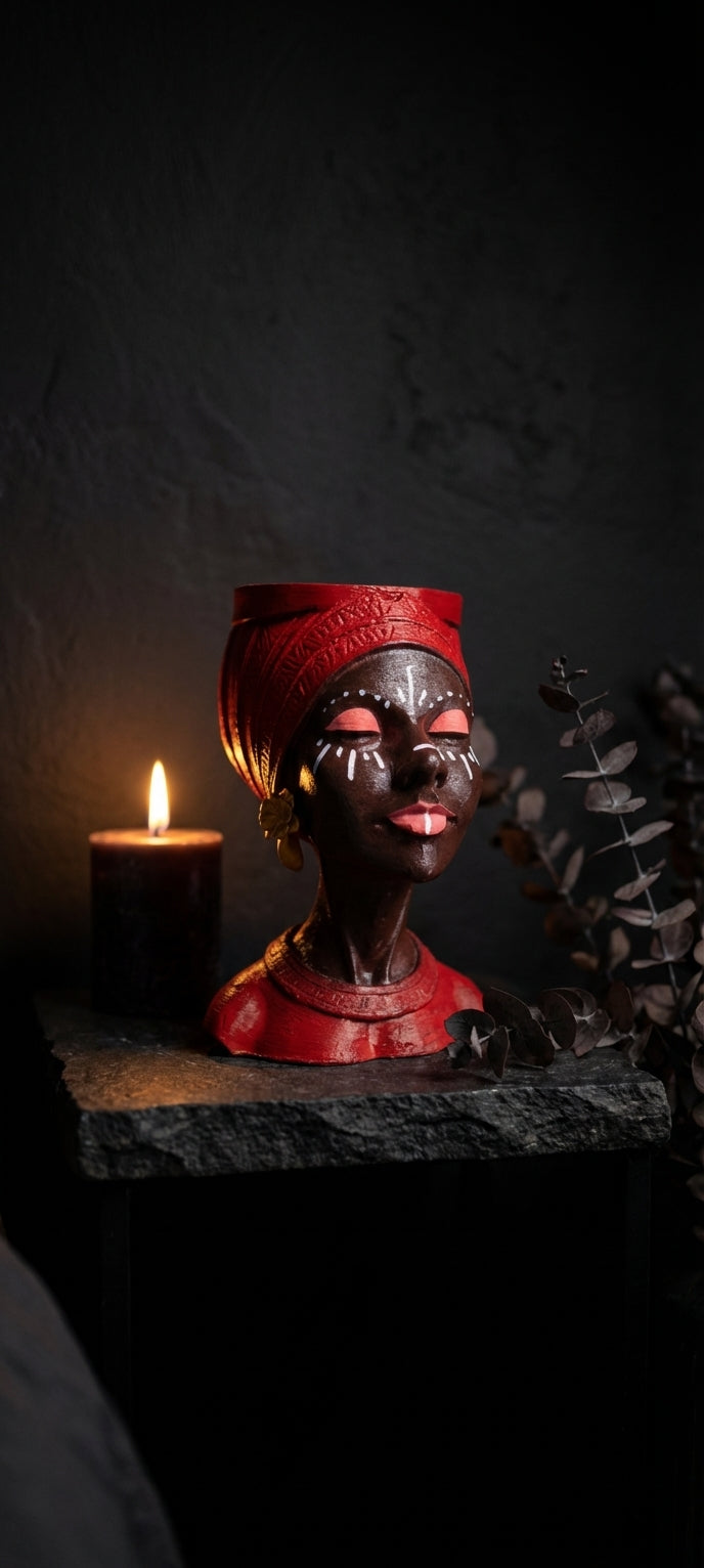 Handmade Woman Head Planter | Afrocentric Decor, Gold Earrings - close-up detail | Ripleys Nest
