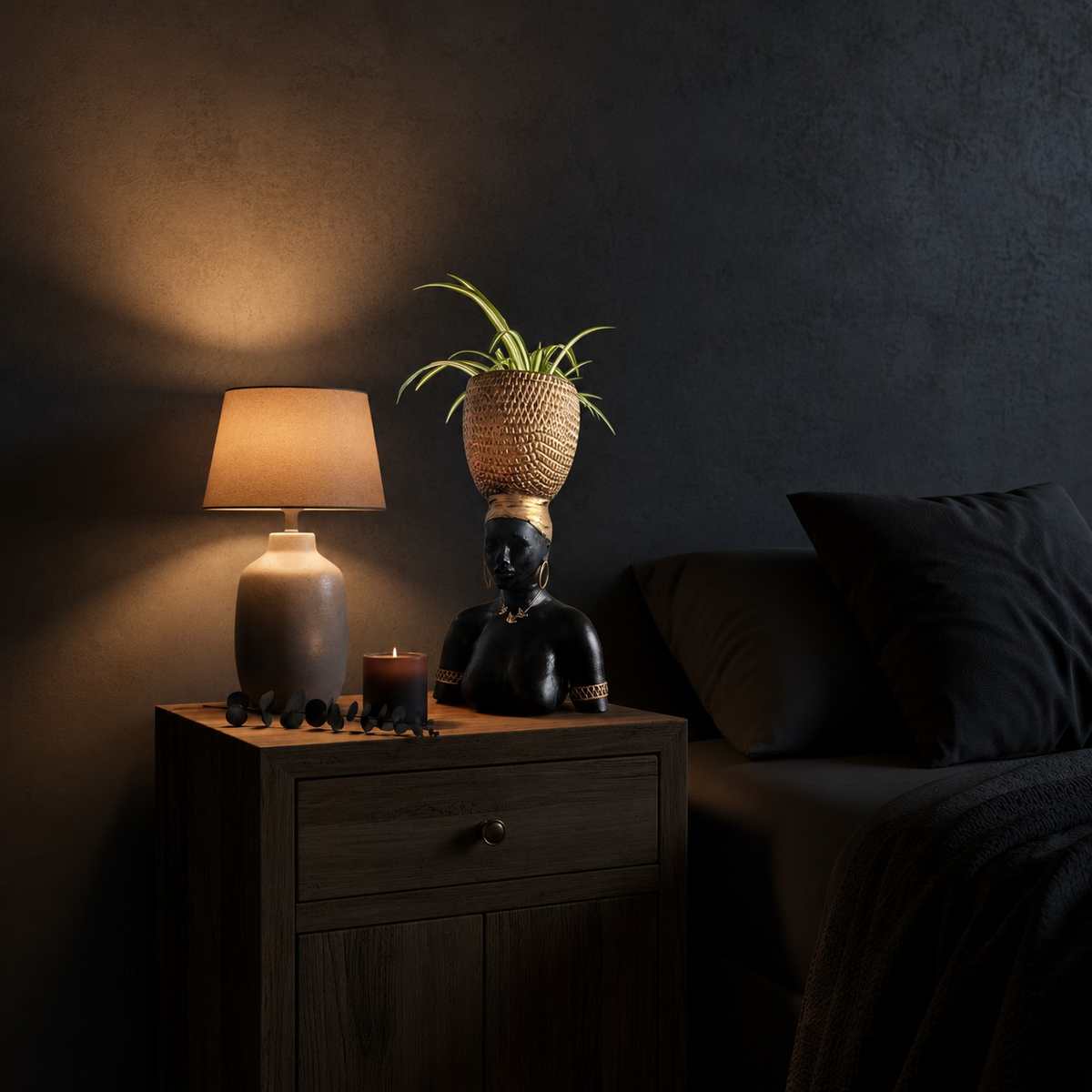 Harvest Goddess planter displayed on a bedroom bedside table