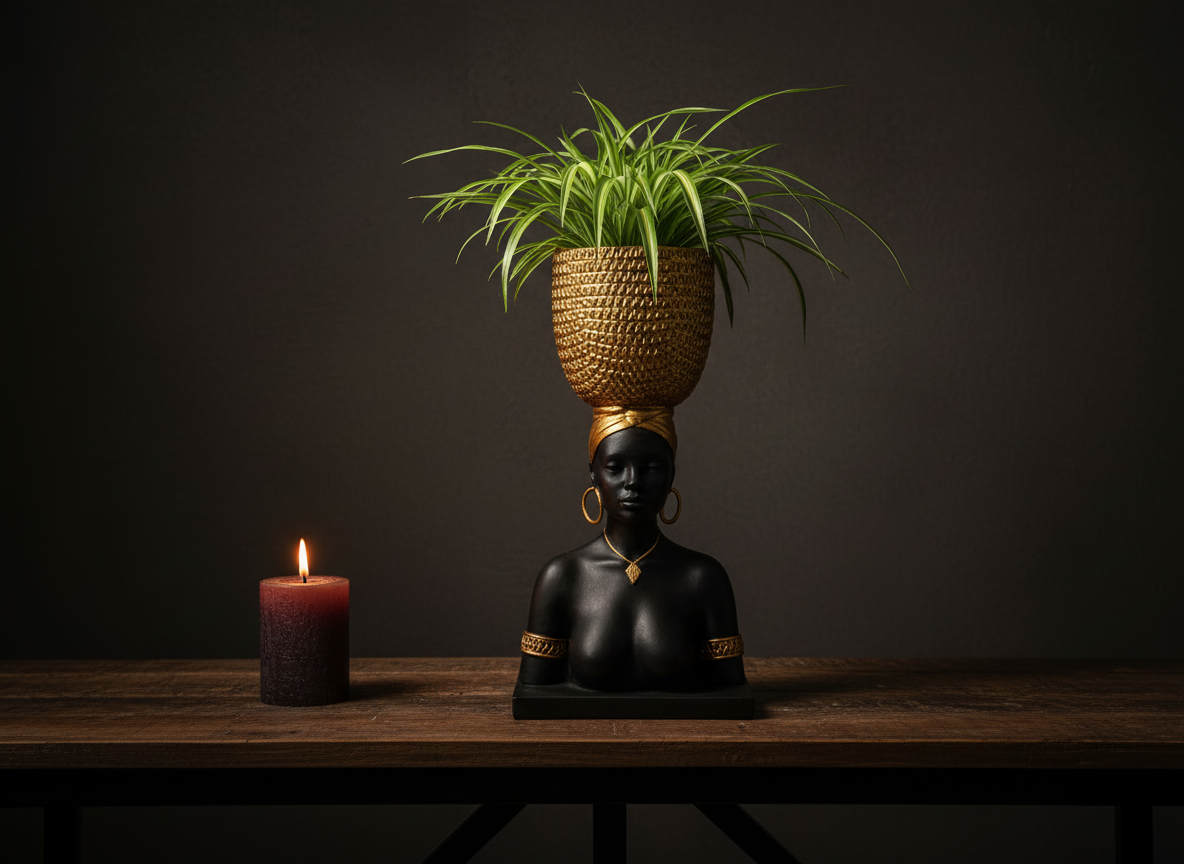 Harvest Goddess planter with spider plant on a wooden console beside a candle
