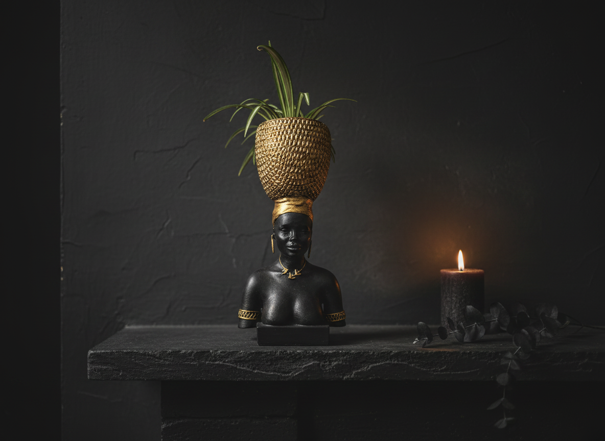 Harvest Goddess planter with a candle on a dark mantel