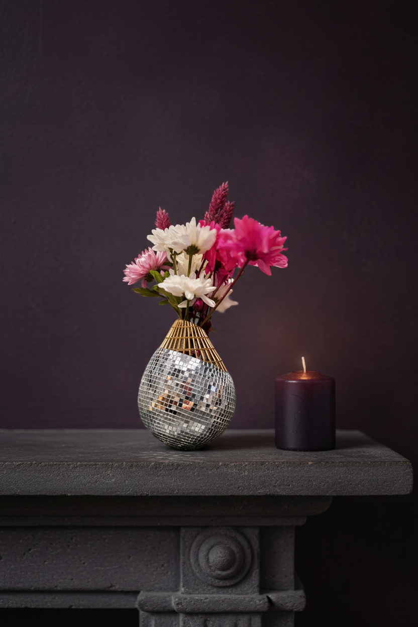 Mirror mosaic vase on mantelpiece with dried flowers