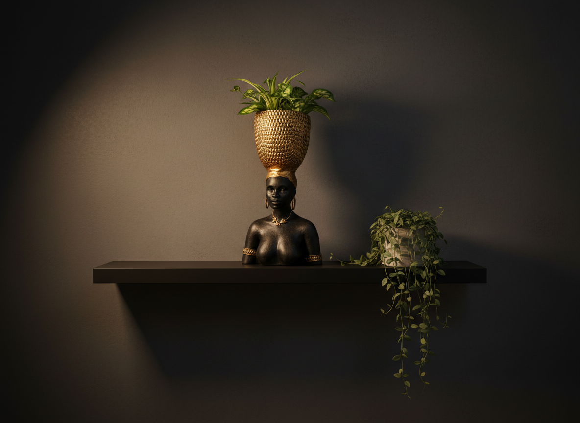 Harvest Goddess planter with a small plant displayed on a wall shelf