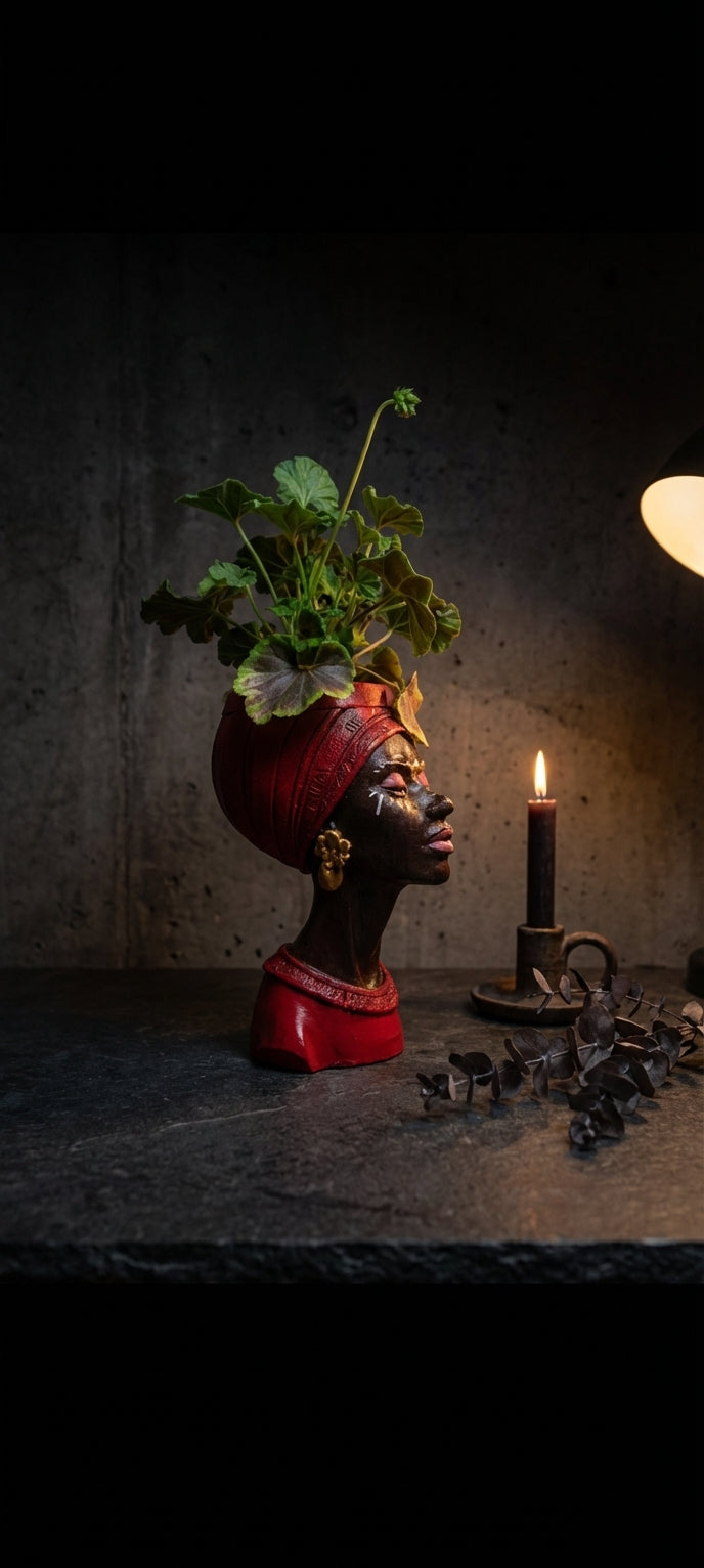 Handmade Woman Head Planter | Afrocentric Decor, Gold Earrings - lifestyle photo | Ripleys Nest