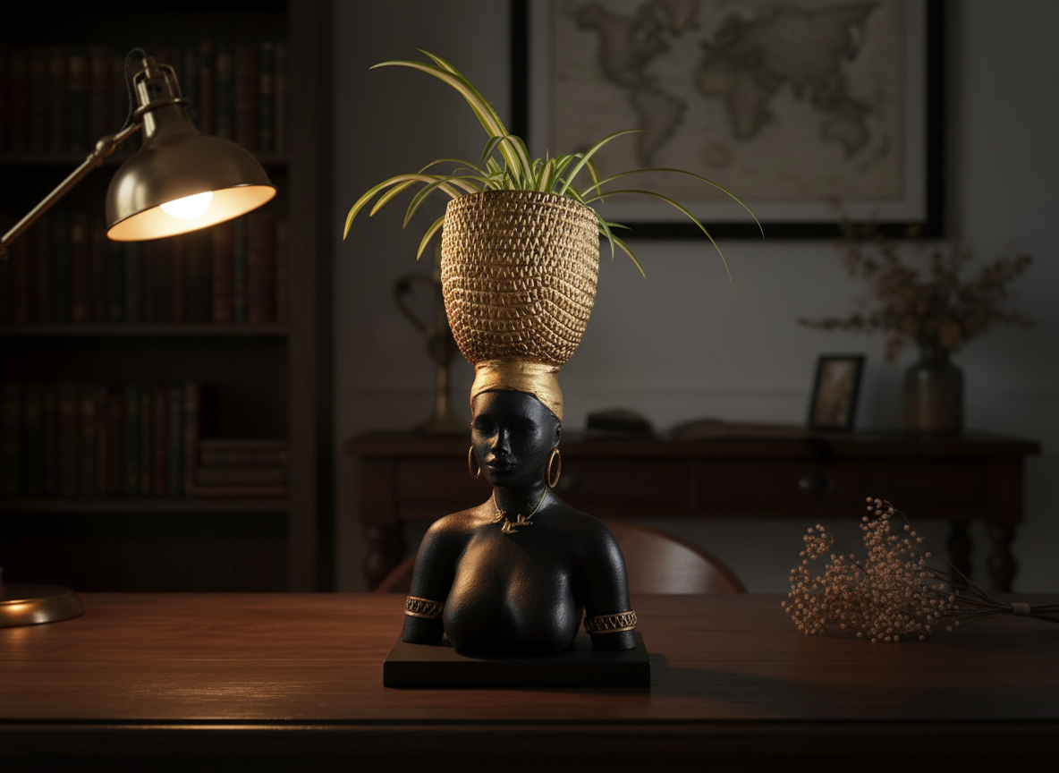 Harvest Goddess planter on a wooden study desk beside a lamp