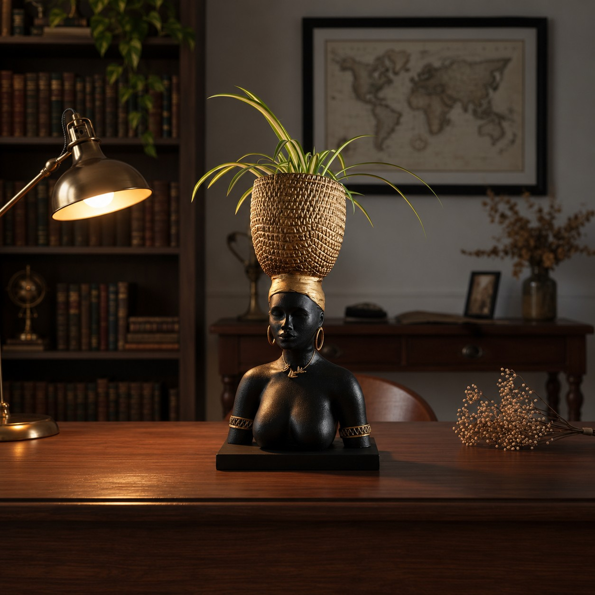 Harvest Goddess planter on a wooden study desk beside a lamp