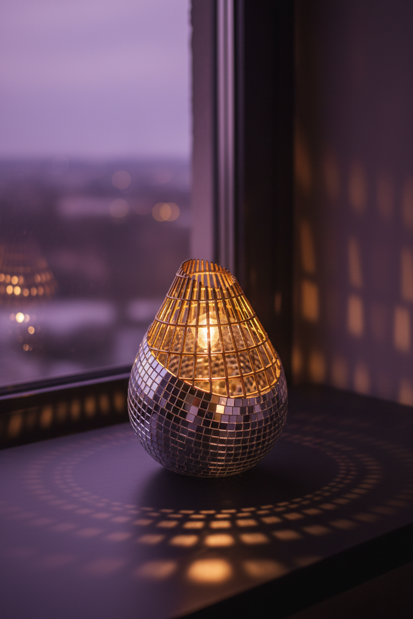 Mirror mosaic vase by window at dusk