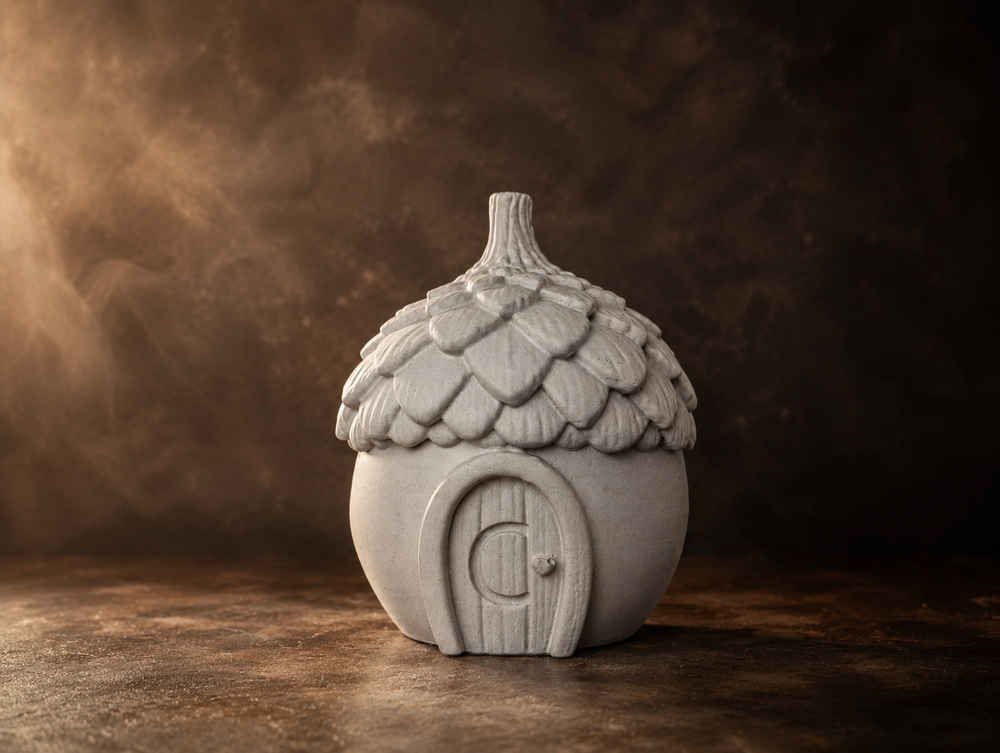 Cast stone acorn house keepsake urn with personalised initial on the door frame