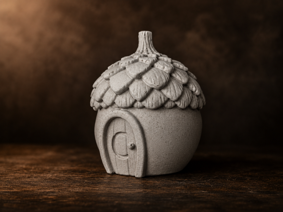 Close view of the acorn house small pet urn showing leaf roof and stone texture