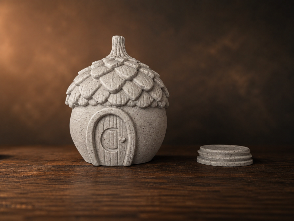 Acorn house keepsake urn with removable base shown beside the urn