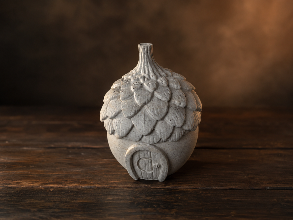 Angled product view of the personalised acorn house pet memorial urn