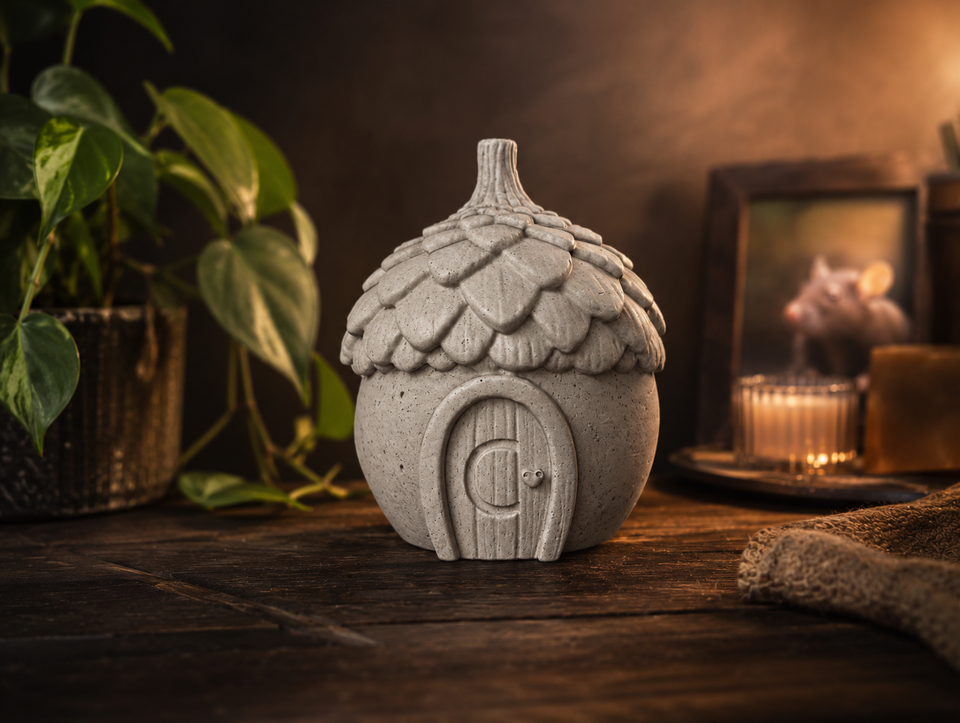 Acorn house small pet urn styled with plant, candle and framed pet photo