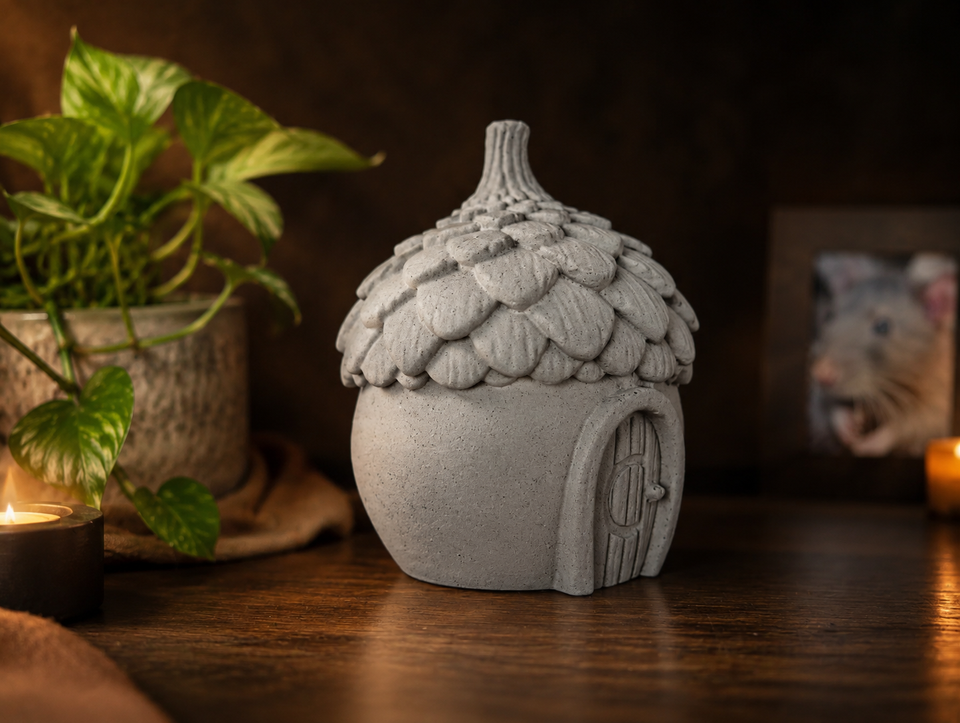 Side view of the cast stone acorn house keepsake urn with pet memorial styling