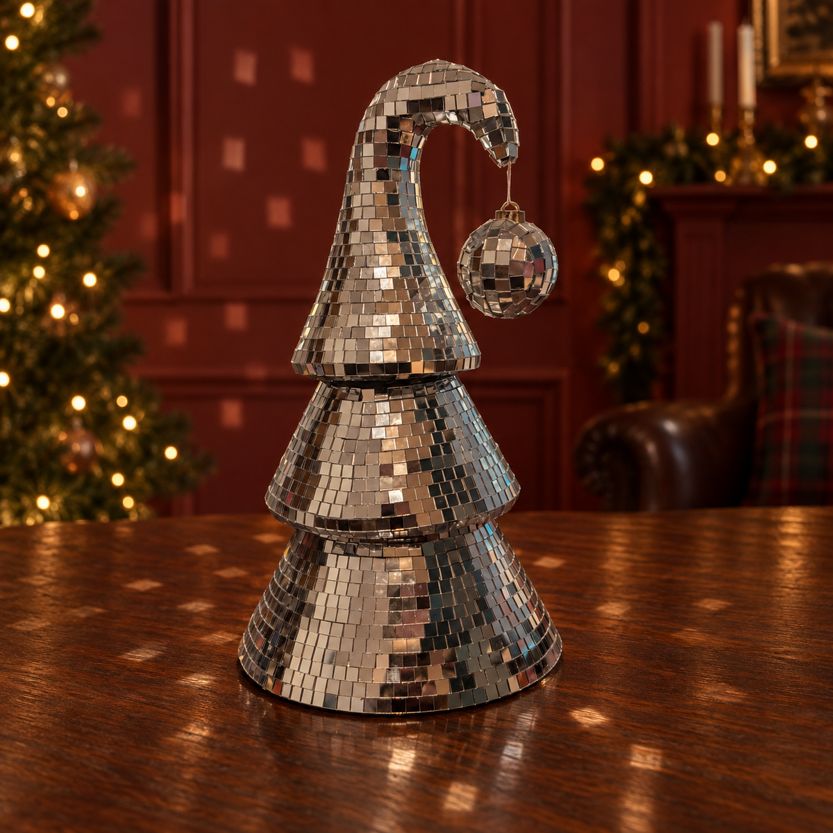 Opposite side · dark light scatter of a silver mirror-ball Christmas tree with real glass tiles