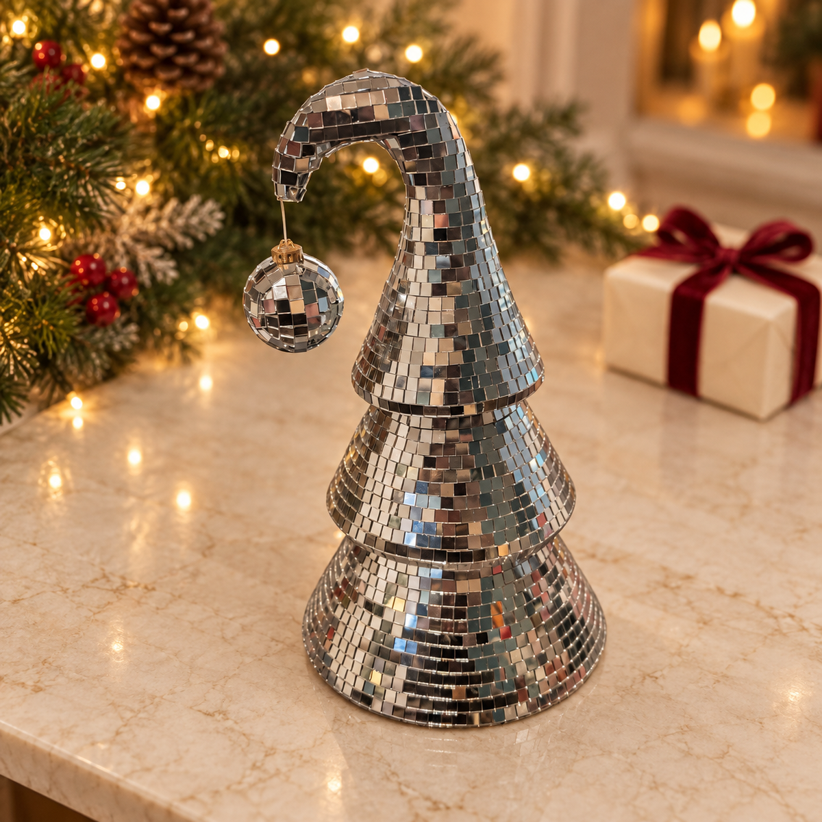 High-angle gift setting of a silver mirror-ball Christmas tree with real glass tiles