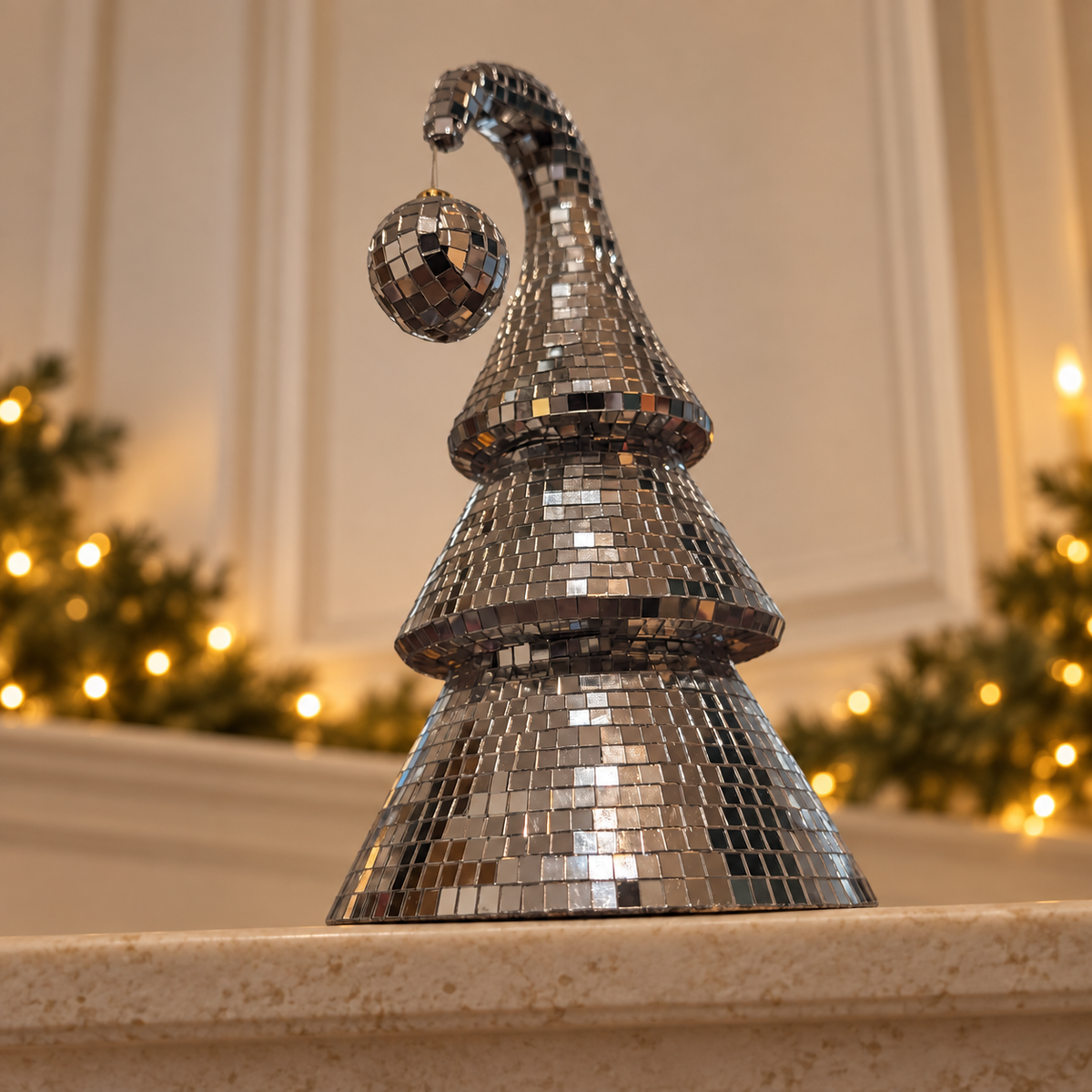 Low angle · stepped rims of a silver mirror-ball Christmas tree with real glass tiles