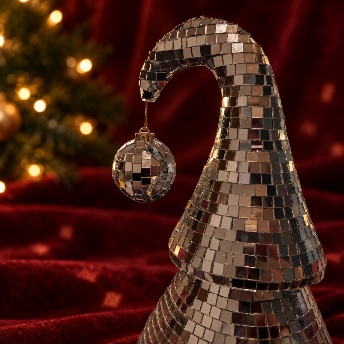 Close view · curved top and bauble of a silver mirror-ball Christmas tree with real glass tiles