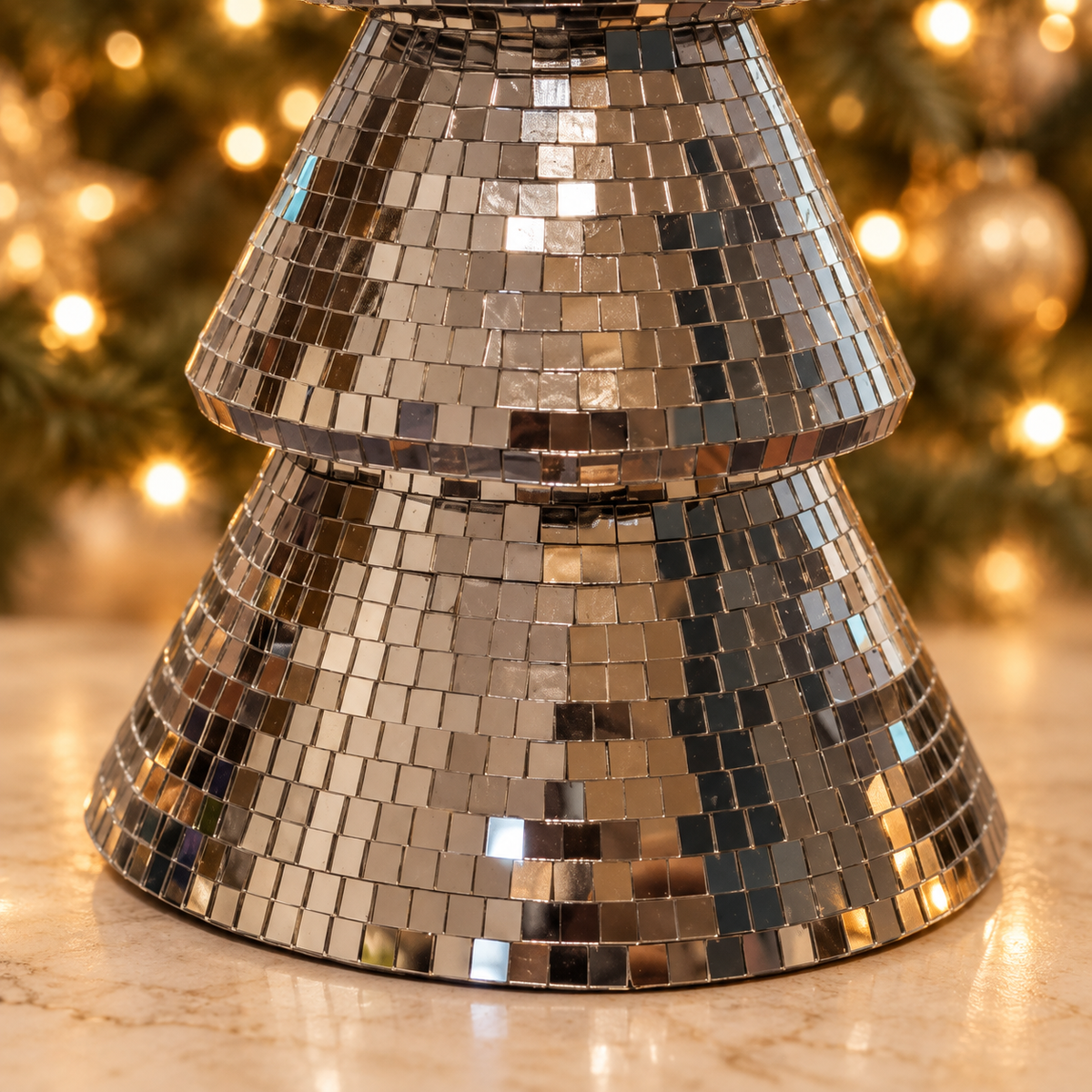 Lower tiers · tile detail of a silver mirror-ball Christmas tree with real glass tiles