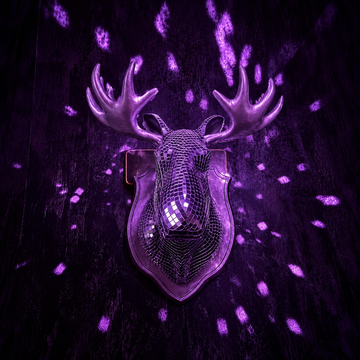 Mirrorball Moose front view with purple disco light reflections