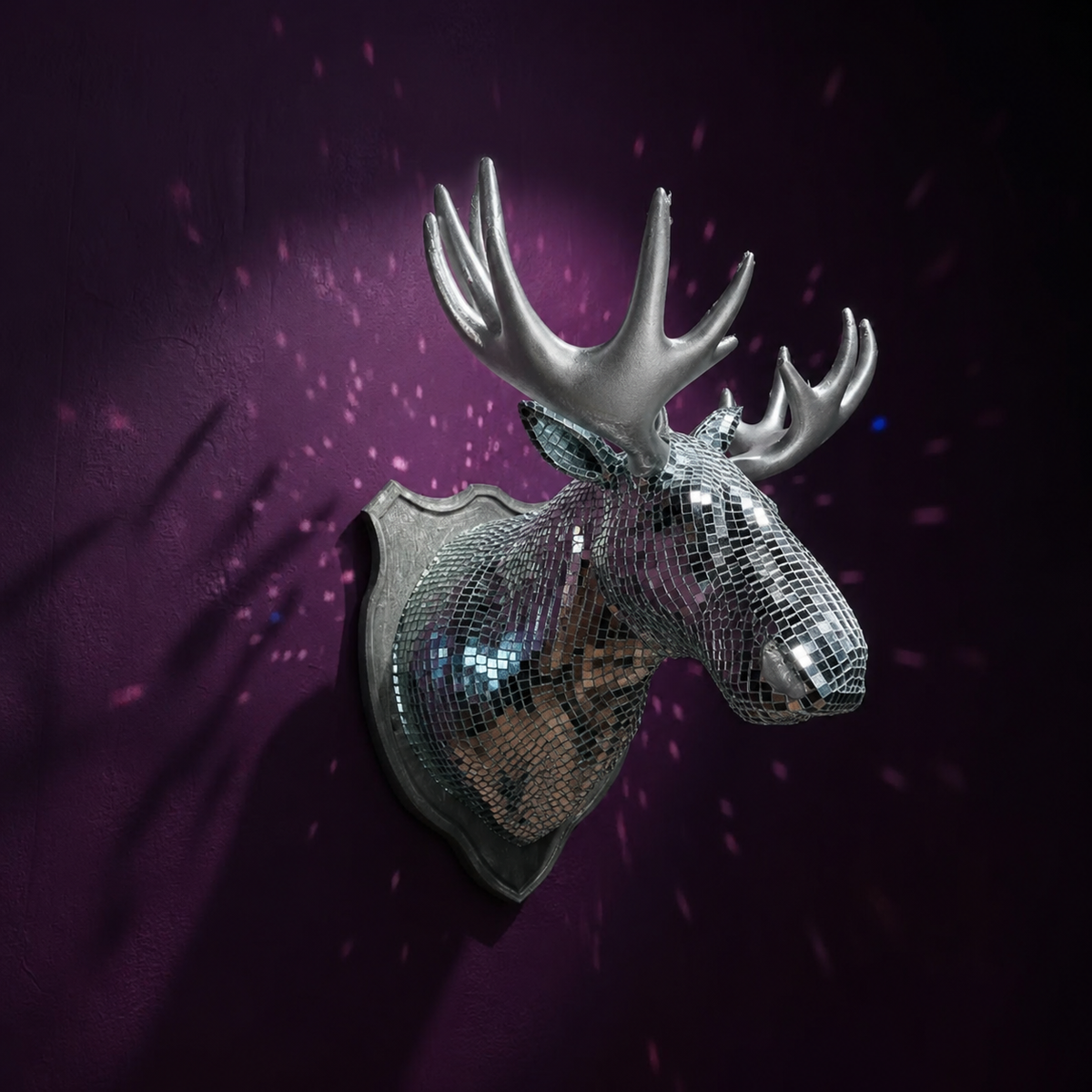 Mirrorball Moose side view showing silver mirror tile finish and antlers