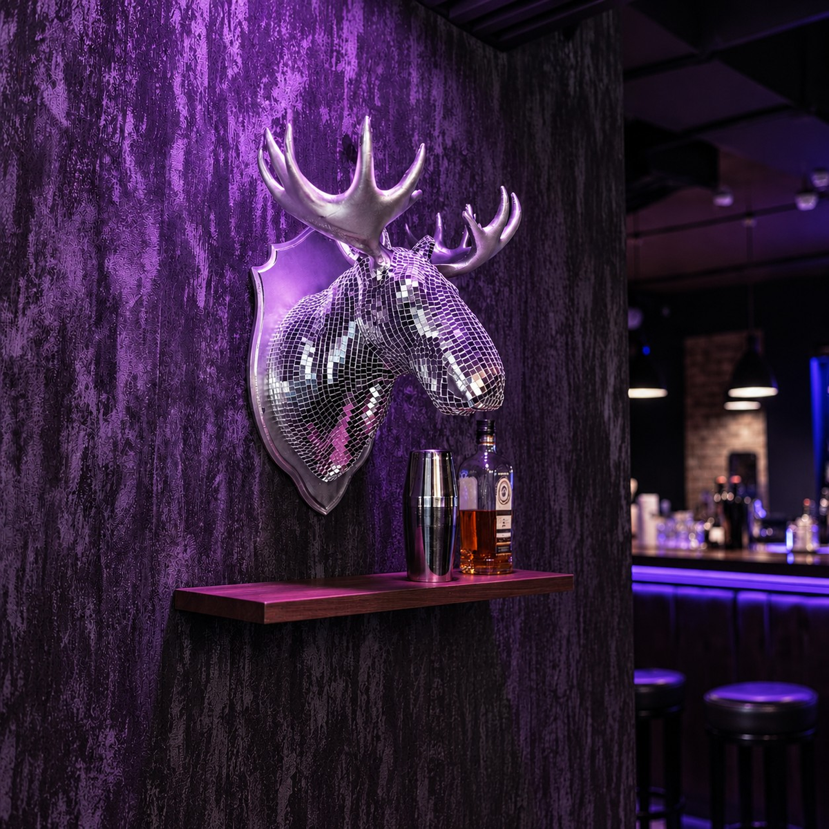 Mirrorball Moose wall sculpture above bar shelf in purple moody room