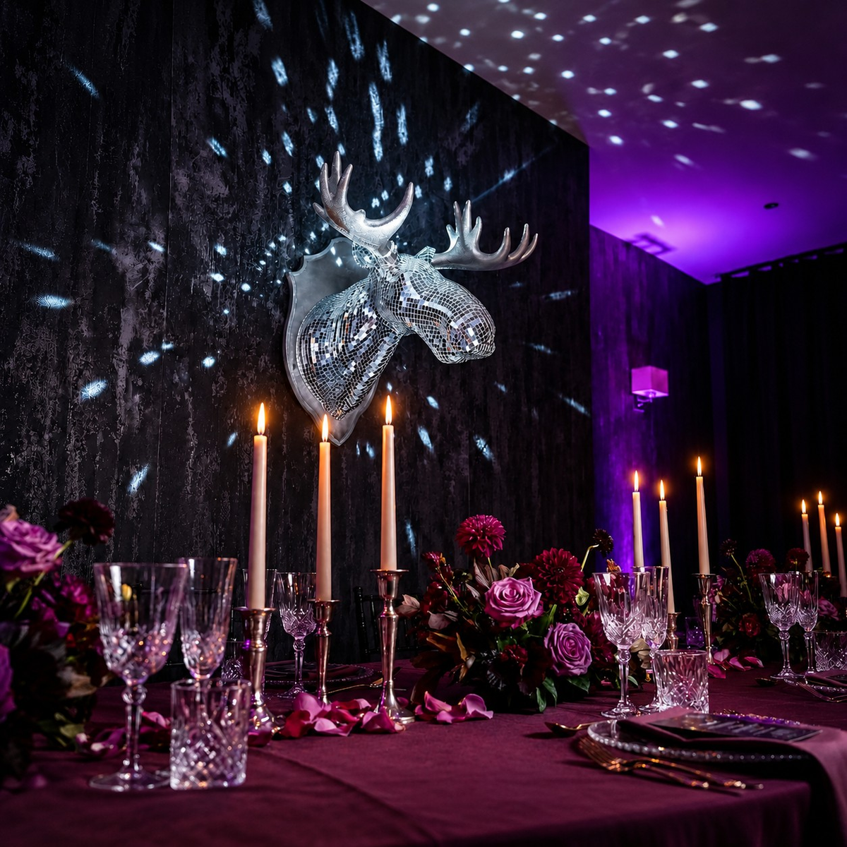 Mirrorball Moose displayed above a candlelit dining table with purple florals