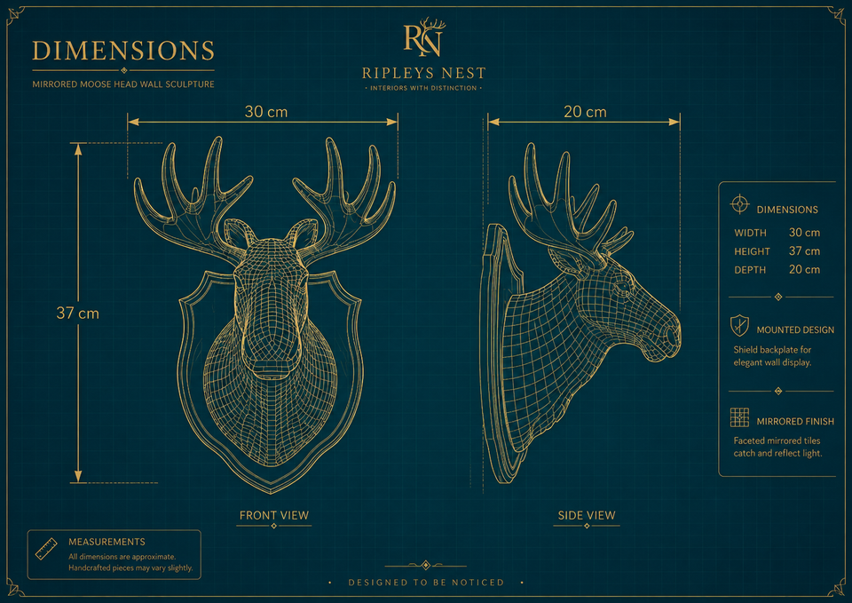 Mirrorball Moose dimensions diagram showing 37 cm high by 30 cm wide by 20 cm deep