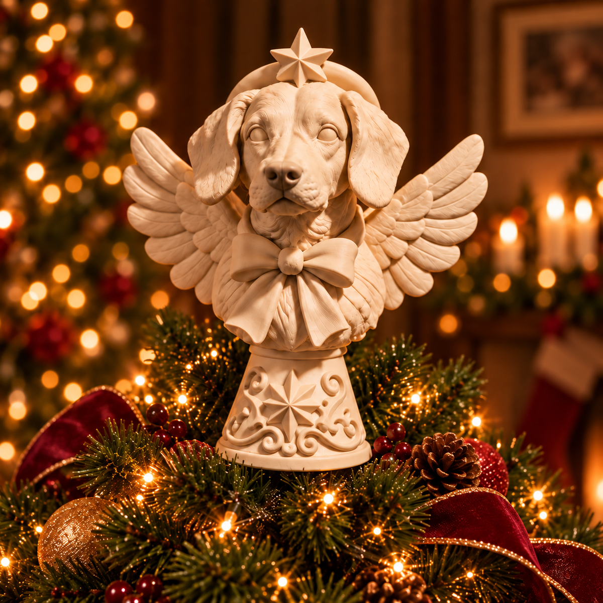 Personalised ivory dog angel tree topper on a Christmas tree