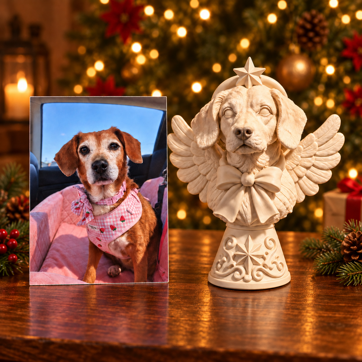 Your photo to topper of personalised ivory dog Christmas tree topper