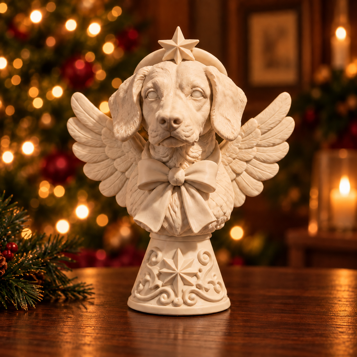 Full front of personalised ivory dog Christmas tree topper