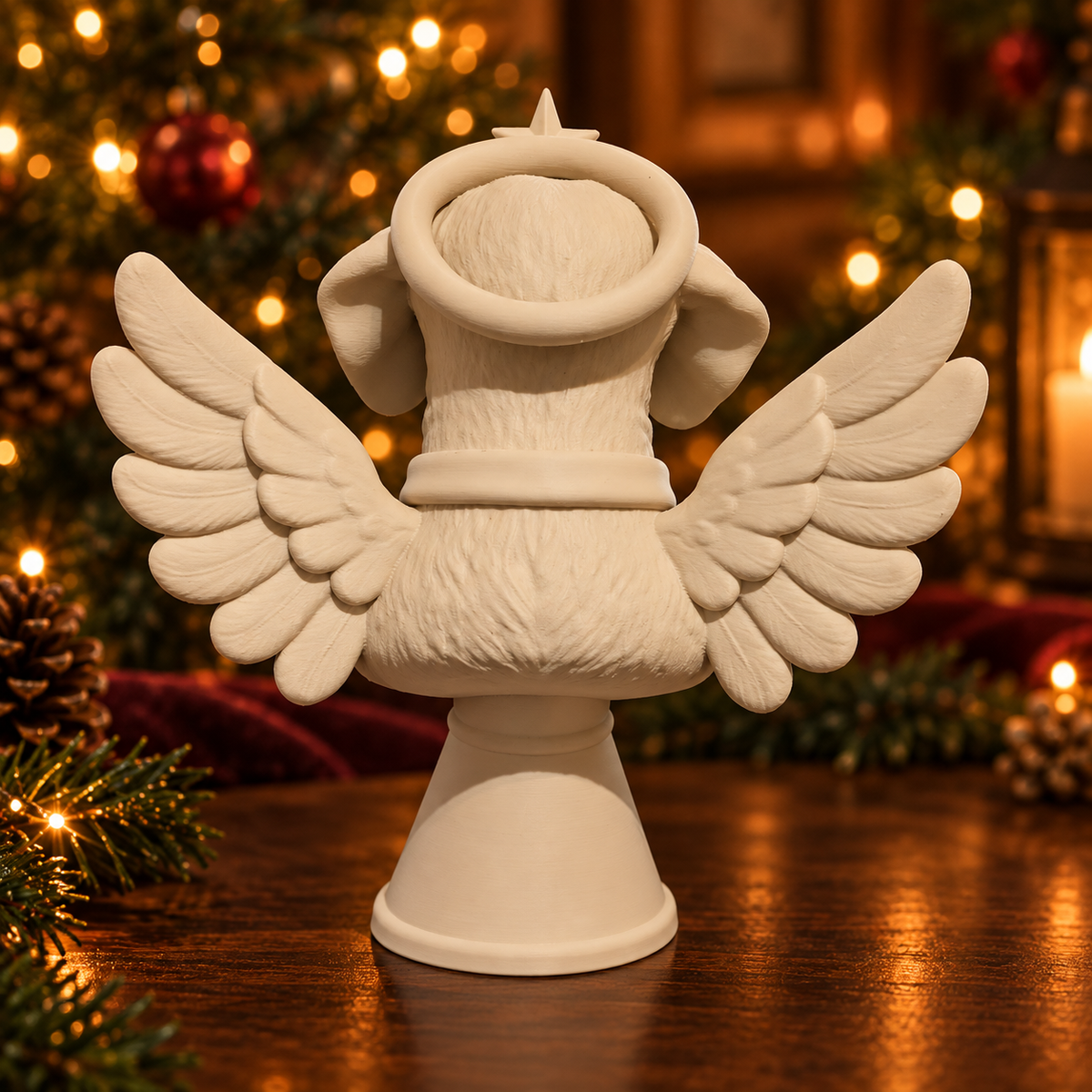 Rear construction of personalised ivory dog Christmas tree topper