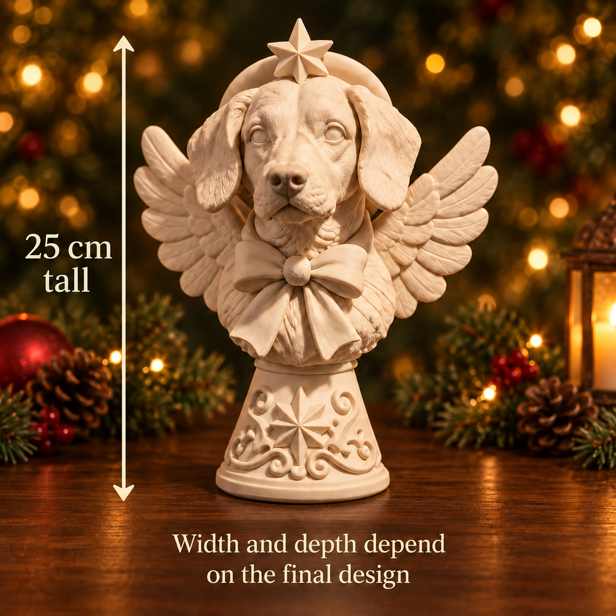 25 cm height of personalised ivory dog Christmas tree topper