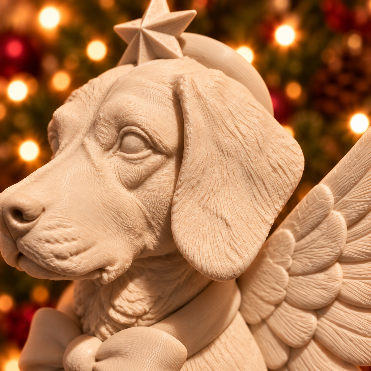Ivory PLA detail of personalised ivory dog Christmas tree topper