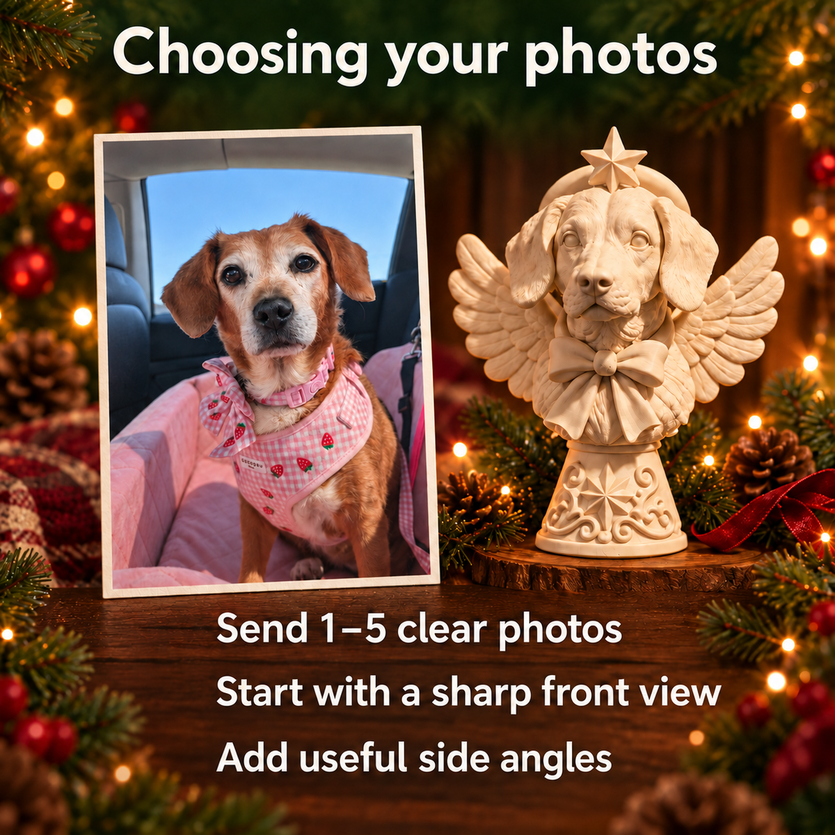 Choosing photographs of personalised ivory dog Christmas tree topper