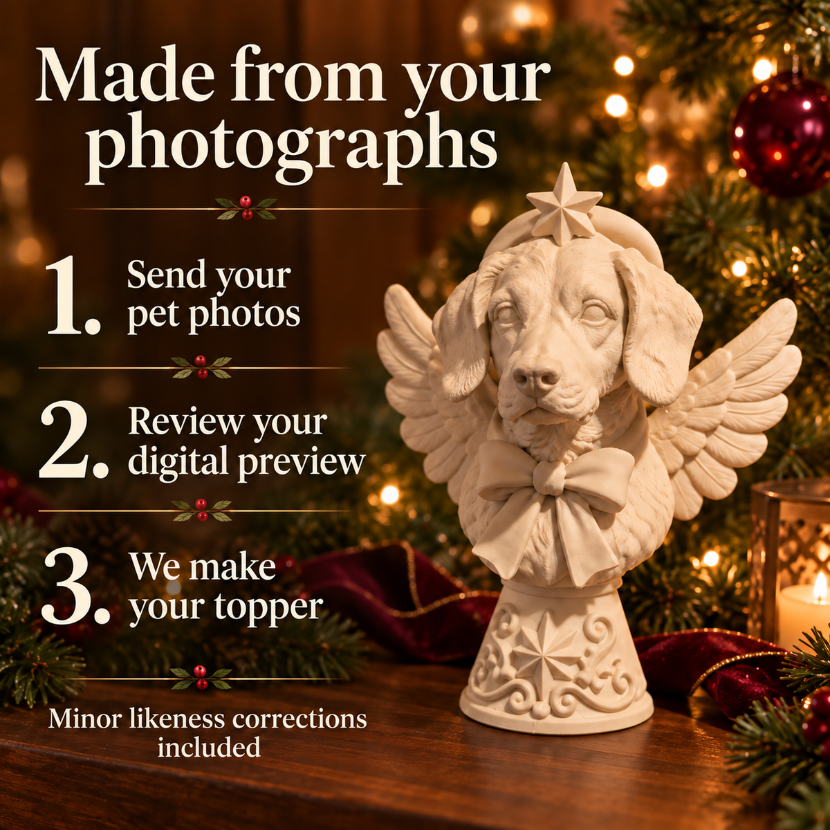 Ordering process of personalised ivory dog Christmas tree topper