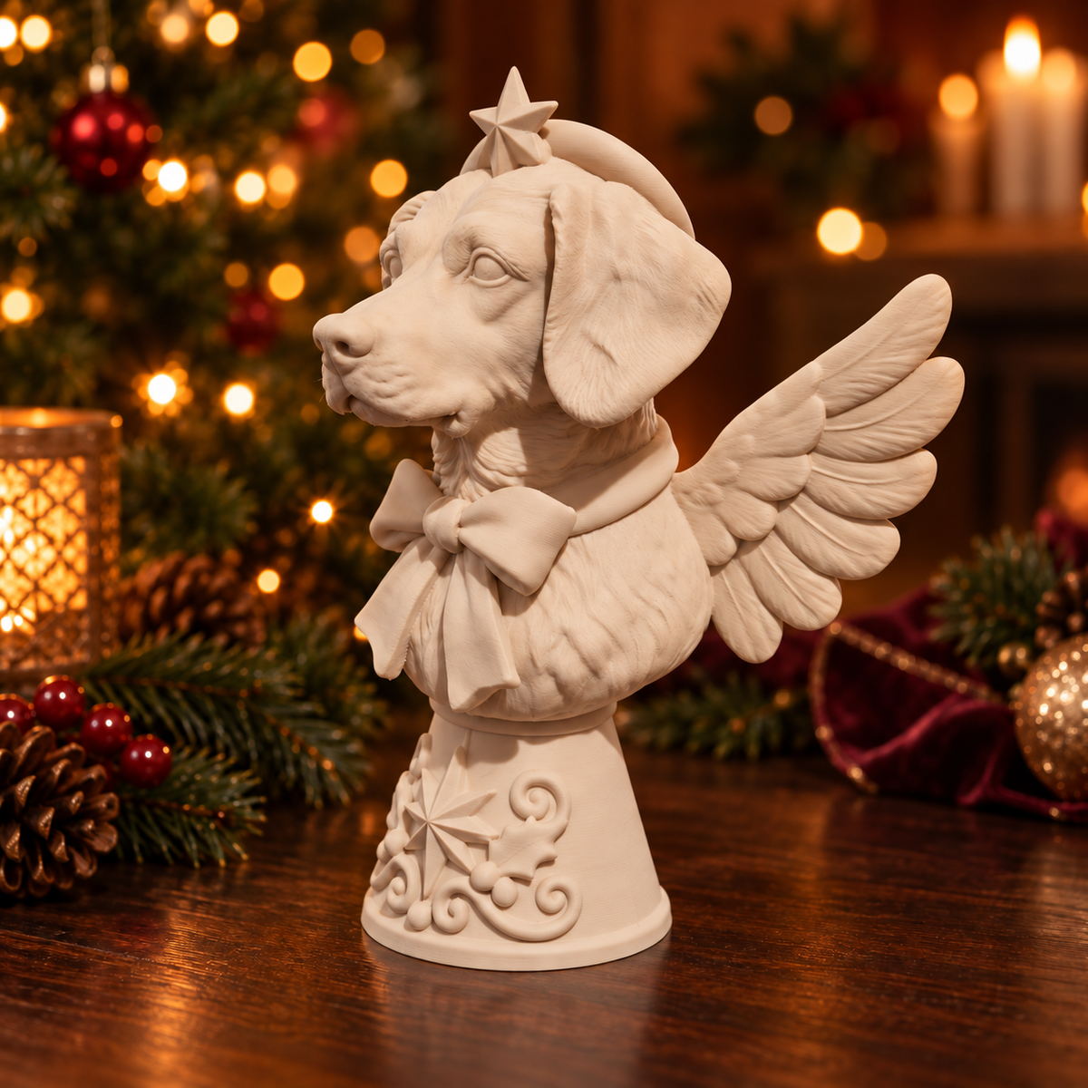 Side profile of personalised ivory dog Christmas tree topper