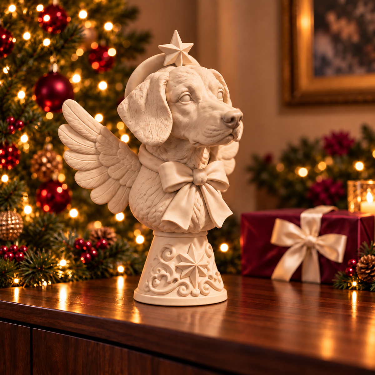 Christmas gift of personalised ivory dog Christmas tree topper