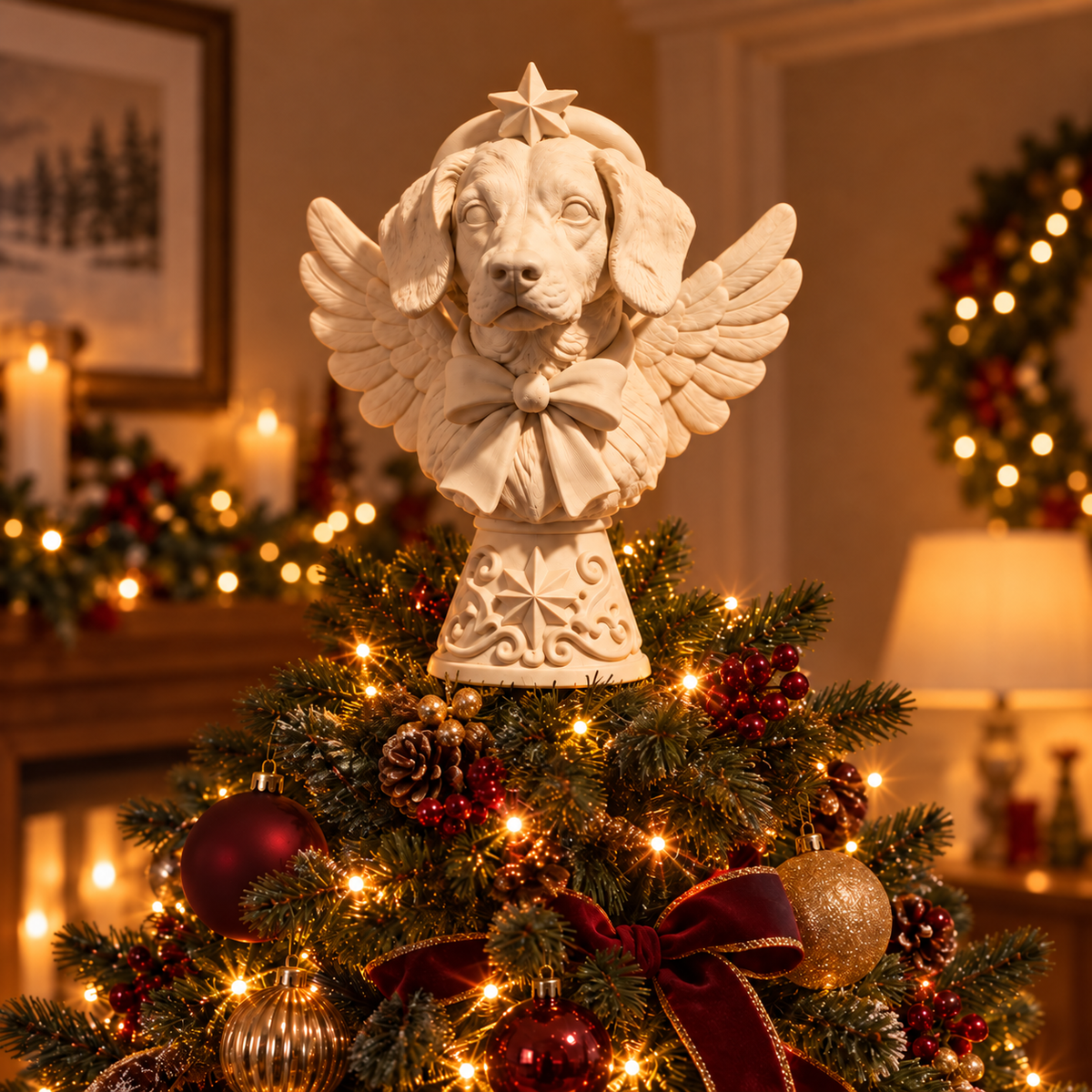 On the family tree of personalised ivory dog Christmas tree topper