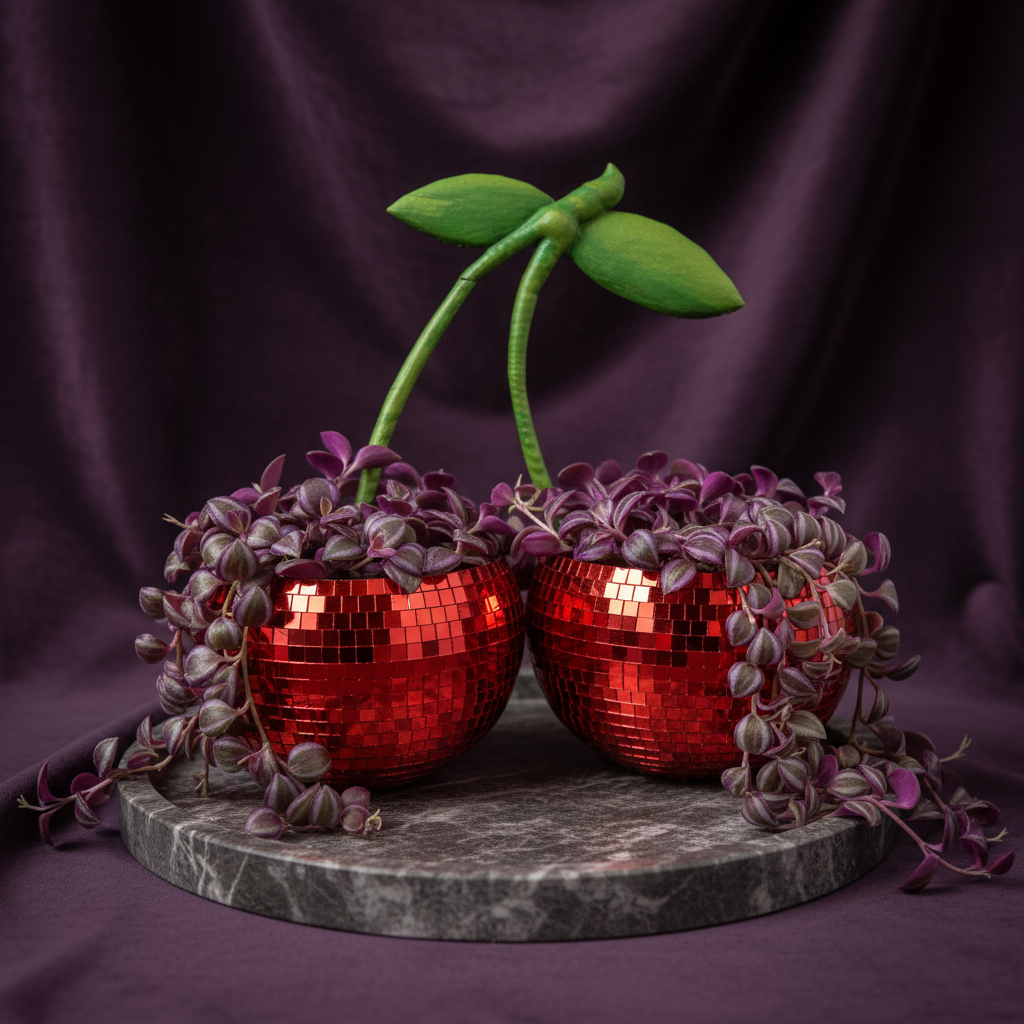 Red cherry disco planters with trailing purple plants on a stone plinth