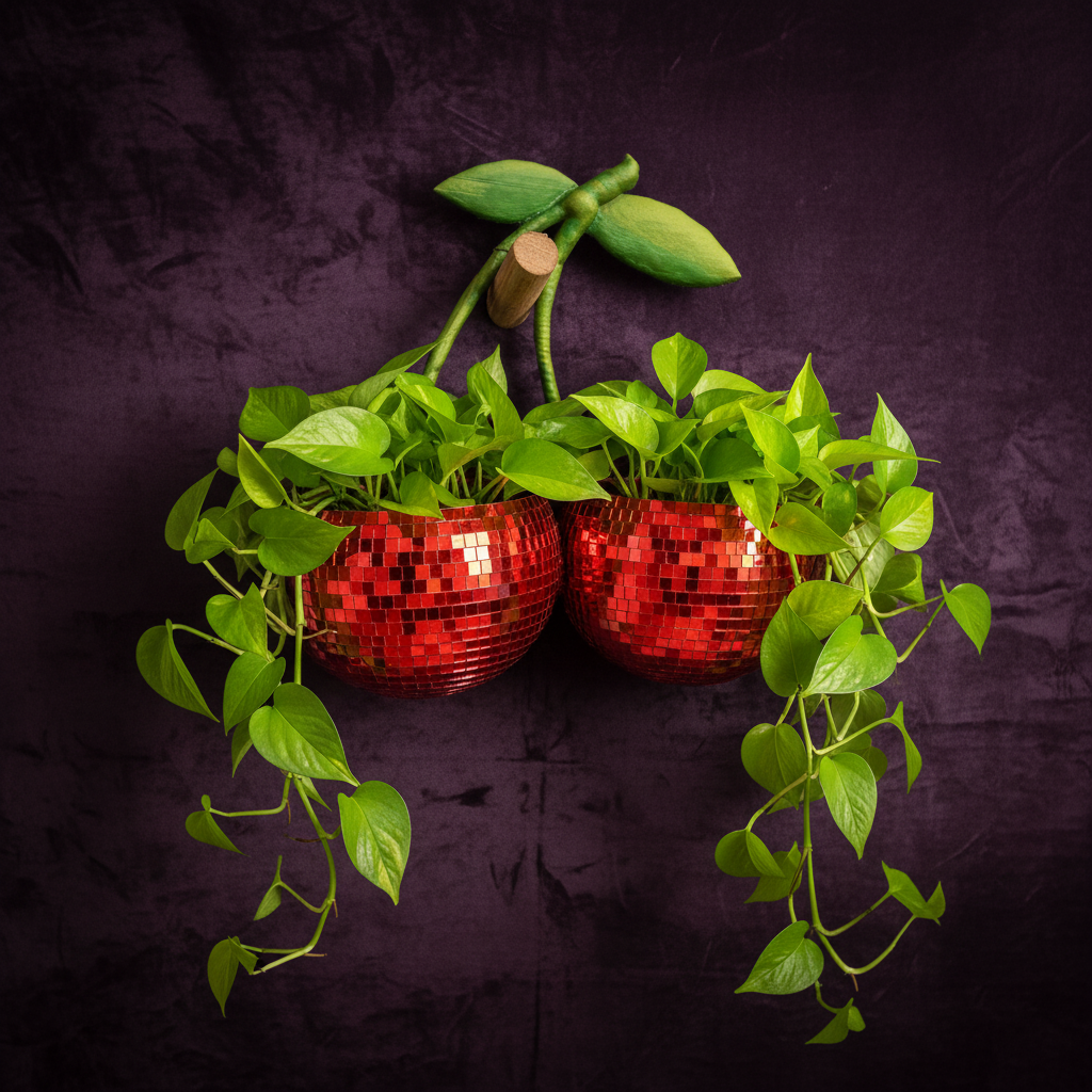 Hanging red cherry disco planters with trailing pothos plants