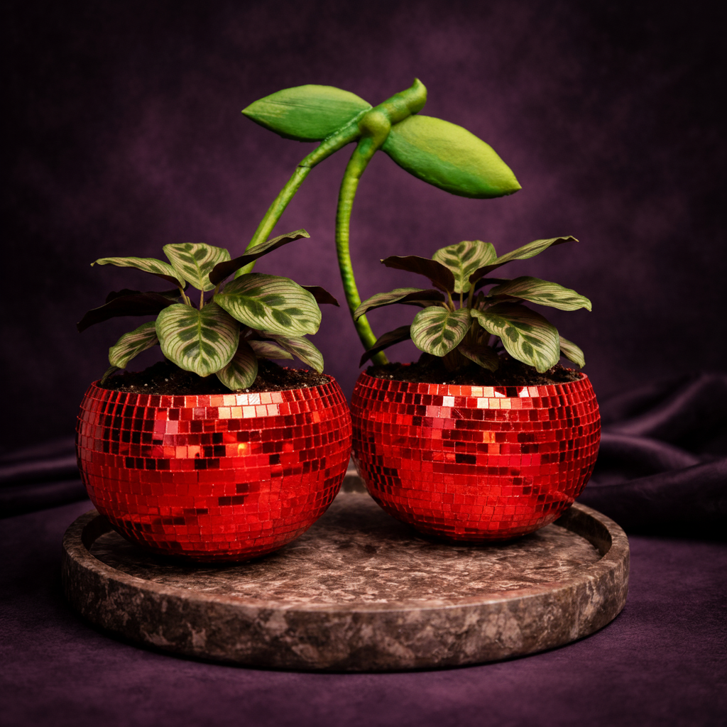 Red cherry disco planters holding two small leafy plants
