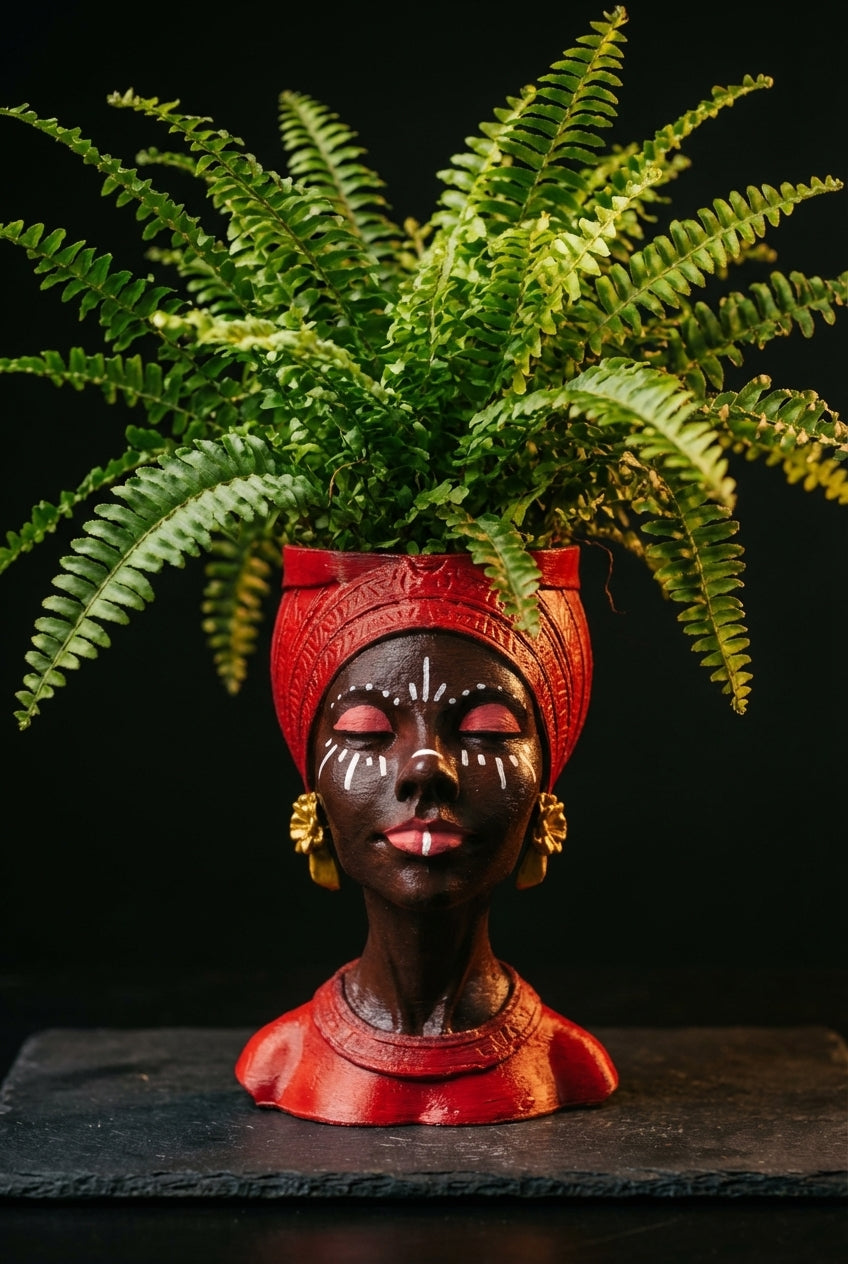 Handmade Woman Head Planter | Afrocentric Decor, Gold Earrings - styled product photo | Ripleys Nest