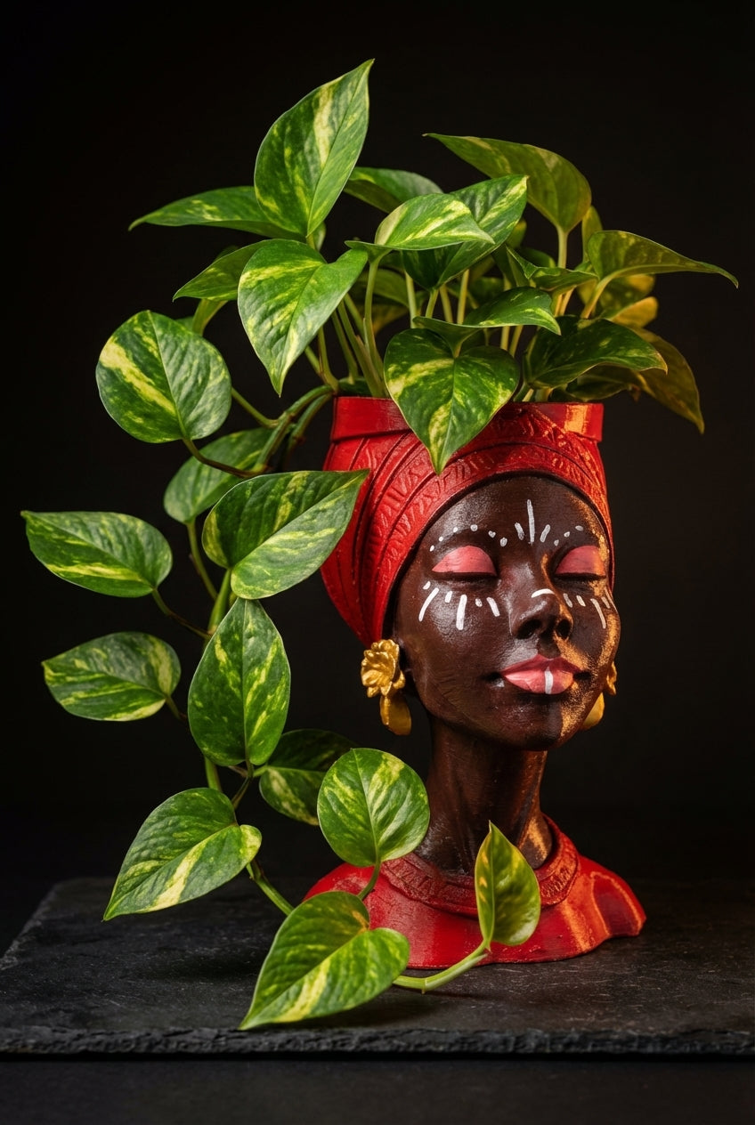 Handmade Woman Head Planter | Afrocentric Decor, Gold Earrings - scale view | Ripleys Nest