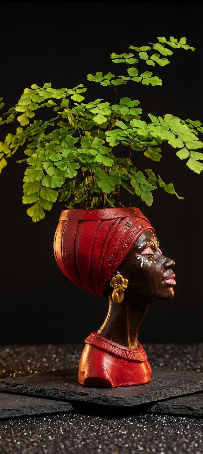 Handmade Woman Head Planter | Afrocentric Decor, Gold Earrings - additional product photo | Ripleys Nest