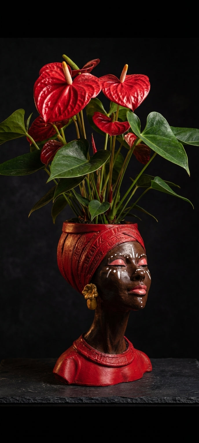 Handmade Woman Head Planter | Afrocentric Decor, Gold Earrings - texture detail | Ripleys Nest
