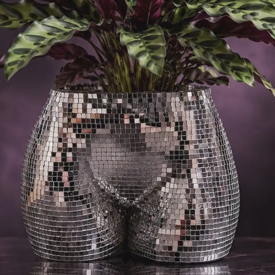 Silver disco body planter video showing mirror tile sparkle and shape