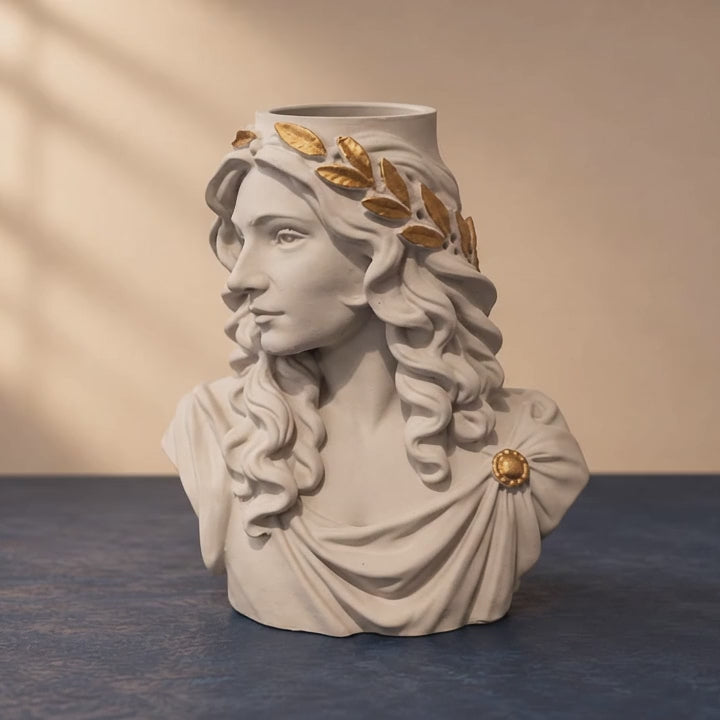 Custom portrait planter rotating in a dark navy studio setting