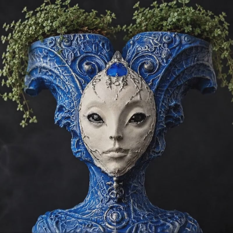 Video of The Blue Trickster alien planter in a dark product setting