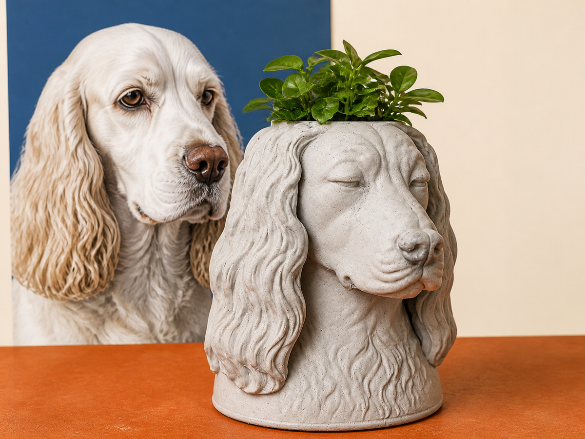 Custom dog portrait planter beside the pet photograph that inspired it