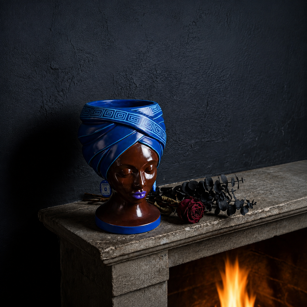 Adire Night head planter styled on a mantel