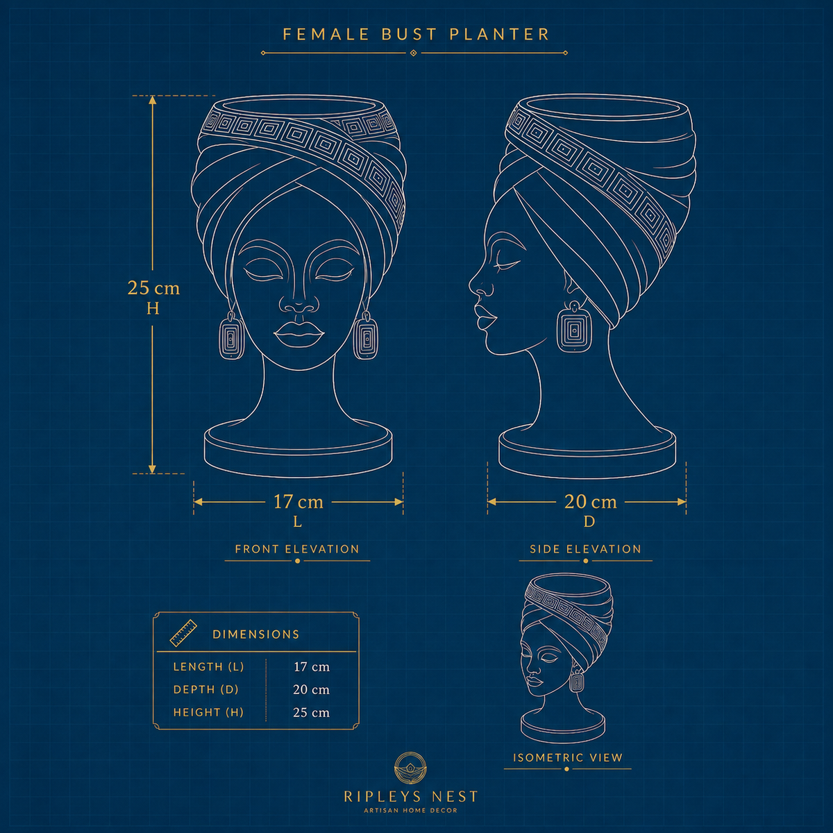 Adire Night cast stone head planter dimensions diagram